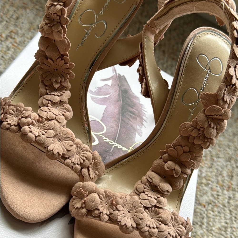 Jessica Simpson Tan Heels with Floral Detailing